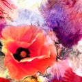 Stylized poppy flower on grunge striped and stained colorful background