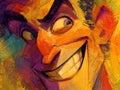 Stylized portrait of a cartoonish character with exaggerated features and broad smile, contrasting light and shadow, warm colors Royalty Free Stock Photo