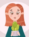 Stylized portrait of a cute young red-haired girl with a cactus. An avatar for a cactus lover. Cartoon flat illustration Royalty Free Stock Photo