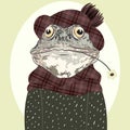 Stylized portrait of a frog in a sweater, checkered scarf and beret