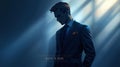 Stylized portrait of a man in a classic suit under dramatic blue rays, symbolizing confidence, ambition, and sophistication. Royalty Free Stock Photo