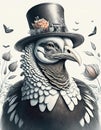 A stylized portrait of an old Turkey wearing a top hat.