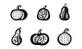 Stylized pumpkin, icons set. Black graphic squash with different decorative elements. Doodle hand drawn illustration. Template for Royalty Free Stock Photo