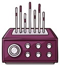 Stylized purple audio amplifier with multiple knobs and vertical meter sticks Royalty Free Stock Photo