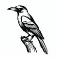 Stylized Realism: Bold Black And White Bird Illustration On Branch