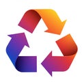 A stylized recycling symbol featuring three curved arrows forming a triangle. Each