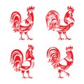 Stylized red cockerel rooster silhouette set