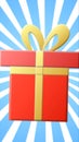 Stylized red gift box with golden ribbon on blue burst background Royalty Free Stock Photo