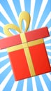 Stylized red gift box with golden ribbon on blue burst background Royalty Free Stock Photo