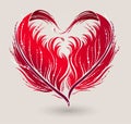 Stylized red heart shape made by bird feather silhouette