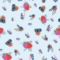 Stylized red, pink and orange flowers and berries on light blue background. Royalty Free Stock Photo