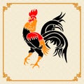 Stylized red rooster on the background of the ornament in the Chinese style. Royalty Free Stock Photo