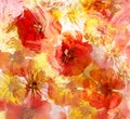 Stylized red and yellow zinnia on grunge stained background