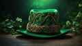 A stylized rendering of a leprechaun\'s hat, featuring intricate Celtic knotwork and a bold emerald shamrock