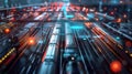 A stylized representation of a busy train station with each train representing a different type of data and the tracks