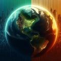 a stylized representation of Earth with a split color gradient background.