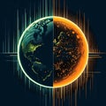 a stylized representation of Earth with a split color gradient background.