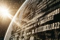 Stylized representation of a planet covered in binary code