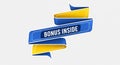 Blue and yellow ribbon banner with white text reading BONUSINSIDE on a light gray background Royalty Free Stock Photo