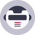 Stylized robot head with digital display and communication indicators represents automated online support, AI assistance