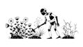 Stylized Robot Working in a Floral Garden: Nature and Tech Blend, vector design Generative AI Royalty Free Stock Photo