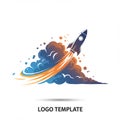 A stylized rocket launches amidst swirling clouds and smoke. The design features Royalty Free Stock Photo