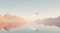 Stylized Rocket Launching Over Serene Lake with Mountain Backdrop ai generated Royalty Free Stock Photo