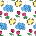 Stylized Roses on stem Cloud Sun Seamless Pattern Summer Abstract Background Texture Wrapping Paper Royalty Free Stock Photo