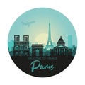 Stylized round landscape of Paris with Eiffel tower, arc de Triomphe and Notre Dame Cathedral Royalty Free Stock Photo