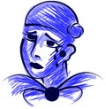 Stylized sad pierrot in blue tones