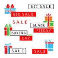 Stylized sale stickers of Big Sale, Black Friday and Boxing Day. Pop art hand-drawn set.