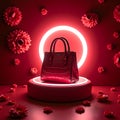 Neon Glow: Handbag Showcase Against Crimson Flower Backdrop Royalty Free Stock Photo