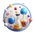 Stylized scientific render with chemistry flasks and abstract molecular background Royalty Free Stock Photo