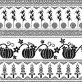 Stylized seamless background with wheat, corn, pumpkins, and native american indians symbols.