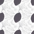 Stylized seamless pattern with hand drawn lemon, leaves and bubbles