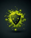 Stylized shield illustration with virus-like spheres and vibrant green liquid on dark backdrop Royalty Free Stock Photo