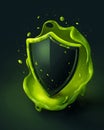 Stylized shield illustration with vibrant green liquid splash and dynamic composition on dark backdrop Royalty Free Stock Photo
