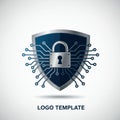 A stylized shield logo featuring a central silver padlock symbolizing security. The shield Royalty Free Stock Photo