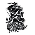 Stylized ship in black color with sails, bottom decoration of roses, logo, isolated object on a white background, vector