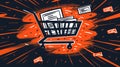 Stylized shopping cart with documents on a radiant orange explosion background, sales concept. Royalty Free Stock Photo