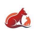 Stylized silhouette of a fox and cat sitting on top of each other in a playful manner, A stylized silhouette of a cat and dog