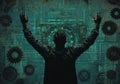 Stylized silhouette of a male programmer and computer expert, making a gesture with binary codes in the background