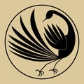 Stylized silhouette of mythical bird in circle, black drawing on beige background in the style of old yellowed paper