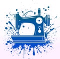 Stylized silhouette of an old mechanical sewing machine surrounded by paint splatters Royalty Free Stock Photo