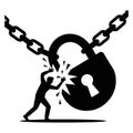 Silhouette of a person breaking a large broken padlock with chains Royalty Free Stock Photo