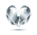 Stylized silver heart shape made by bird feather silhouette