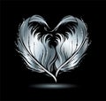 Stylized silver heart shape made by bird feather silhouette