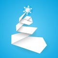 Stylized simple christmas tree made from paper stripe on blue background