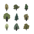 Isolated summer forest tree simple icons. Vector multi colored illustration on light background. Original graphics set.