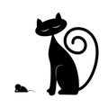 Stylized sitting black cat and mouse. Black and white image on a white isolated background. Vector illustration